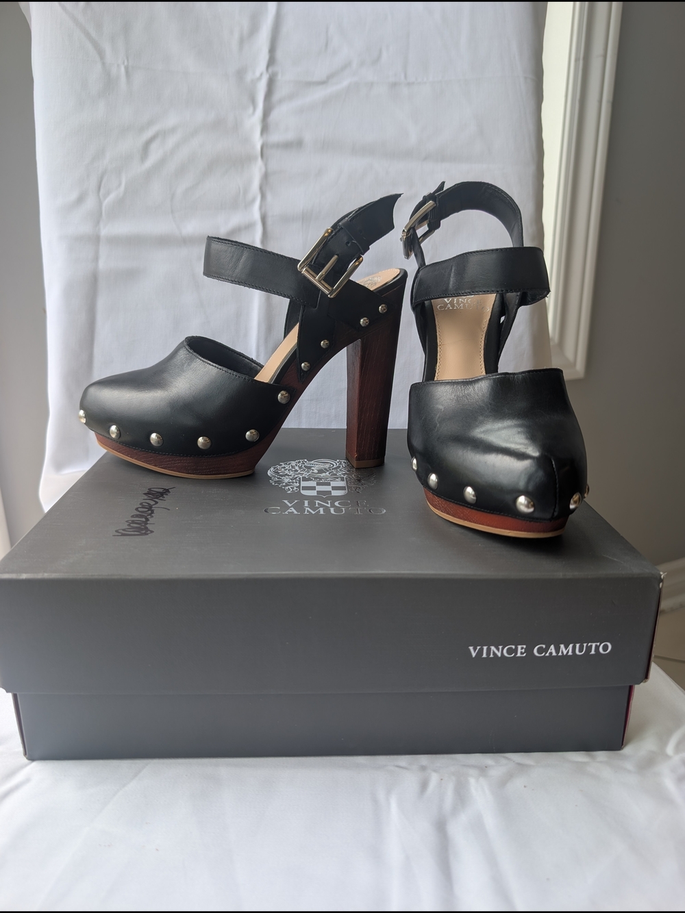 Vince Camuto Black Leather Studded Wooden Platform Clogs